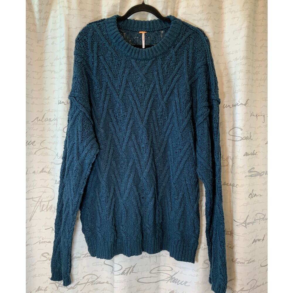Free People Blue Cable Knit Fisherman Oversized Cozy Sweater Size S